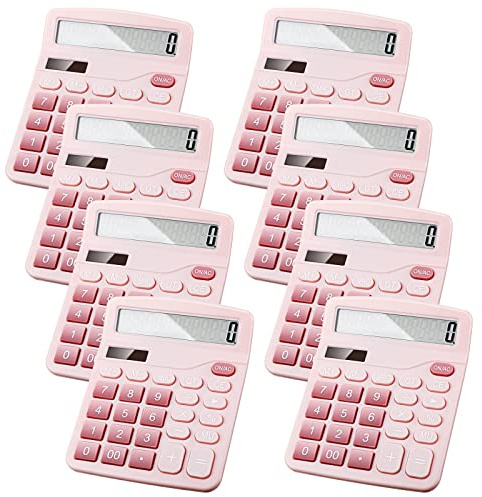 Konohan 8 Pieces 12-Digit Calculator, Solar Basic Desktop Calculator Large Display Electronic Dual Power Handheld for Home Office School(Pink)