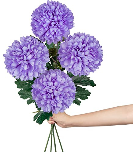 Hollyone Flores artificiales grandes de crisantemo de 15,2 cm con tallo de 65 cm de largo, 4 piezas de flores de seda sintéticas moradas, flores esféricas falsas para decoración del hogar, novia, boda