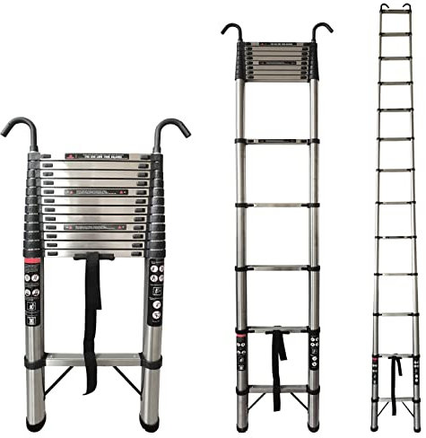 Escalera telescópica de acero inoxidable con gancho desmontable, escalera telescópica extensible con pies antideslizantes, 12 peldaños, carga máxima 150 kg (5 m)