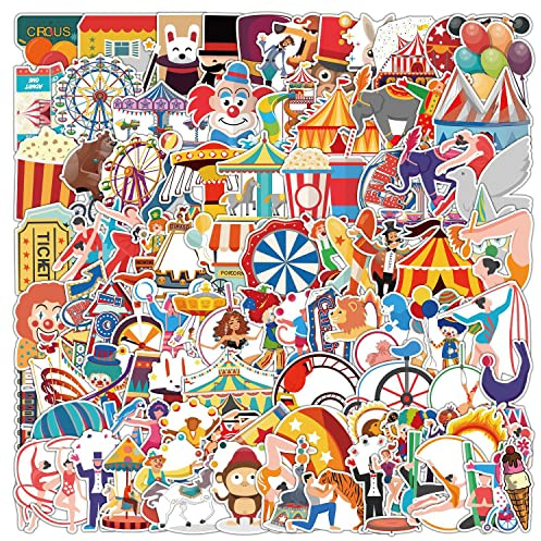 100 Stück Zirkus Aufkleber Pack Bunte Zirkusmuster Sticker Set Wasserdichte Vinyl Sticker für Laptop Kinder Autos Motorrad Fahrrad Skateboard Gepäck Koffer Computer Aufkleber Graffiti Decal