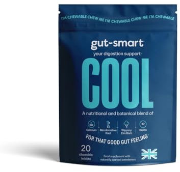 Gut–Smart COOL, 20 x Chewable Tablets, Heartburn Relief, Antacid, Natural Supplements for Healthy Digestion, Contains Slippery Elm, Marshmallow Root, Calcium and Biotin