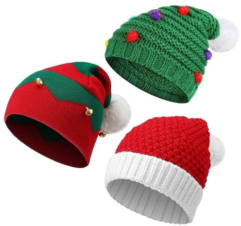 Forreen Weihnachtsmütze Erwachsene, 3 Stück Nikolausmütze Winter Gestrickte Weihnachtsmann Mütze Bequemes Dicker Klassischer Pompon Mütze für festliche Partys im Neuen Jahr