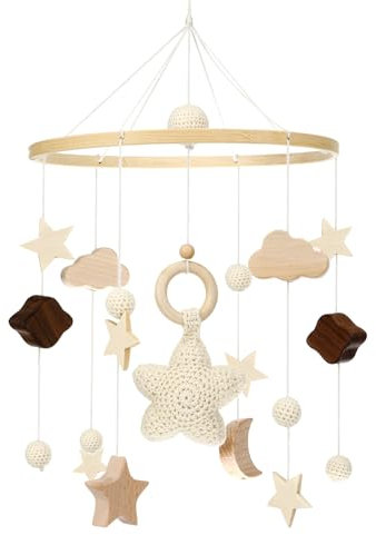 Litimkat cuna móvil para bebé, con adornos colgantes de estrellas, lunas y nubes de ganchillo, móvil para bebé para la cama, carillón de viento para bebé móvil de madera, regalo para bebés o niños(A)