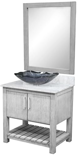 Miseno MV-30SG-NOBV-280-317G-MIR 30 Free Standing Single Basin Vanity Set with Cabinet, Grey Quartz Vanity Top, Rectangular Glass Vessel Sink and Mirror - Stonewash Grey/Storm Grey Top/Chrome