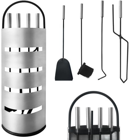 XINZI 5-teiliges Kaminbesteck Silber Modern Kamingarnitur mit Besen, Schaufel, Schürhaken, Zange & Ständer Edelstahl Kamin Reinigungsset Ofenbesteck für die Reinigung von Kamine Öfen Feuerstellen