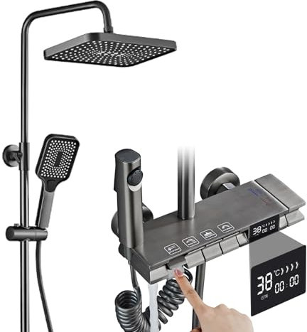 Duschsystem mit Thermostat, 4-Funktions-Klaviertasten Messing Mischbatterie Duschset mit Kopfbrause, 3 Modus Handbrause, Bidetbrause, Badewannenarmatur, Schwarz (Pistolengrau 1)