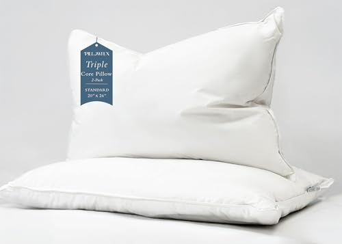 Standard Size Triple Chamber Duck Down & Feather Pillow – Hotel Style Luxury Bed Pillow for Side & Back Sleepers, Soft Medium Support, Fluffy Fill with 100% Cotton Down-Proof Cover - 2 Pack