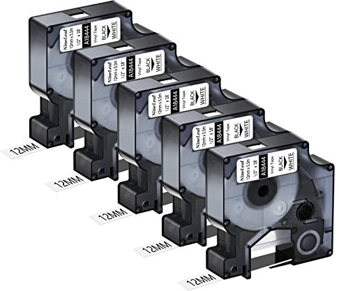 NineLeaf 5 Packung Ersatz für Dymo IND 18444 A18444 12mm x 5.5m Bänder Schwarz auf Weiß Vinyl Permanentes Industrie Schriftband für Rhino 1000 4200 5200 ILP 219 3M PL100 PL150 Beschriftungsgerät