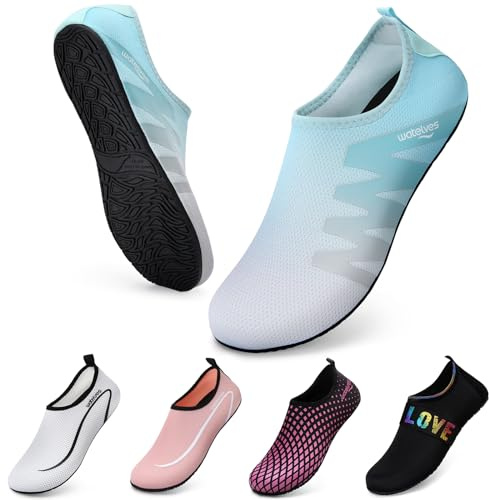 Swim Water Shoes Aqua Socks Barefoot for Sea Beach Swimming Shoes Pool Ladies Women Mens Gray Blue 4.5/5.5 UK