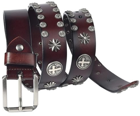 Surrycee Nietengürtel Metall Punk Rock Steampunk-Stil Nietengürtel für Männer/Frauen Echtledergürtel Gothic-Gürtel für Jeanshosen, 38 mm breit,Kaffee,120cm/waist:40~42