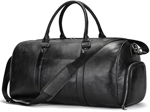 Reisetaschen Herren echt Leder Weekender Tasche Großen Kapazität Wasserdicht Reisetasche Unisex Vintage Handgepäck Bag, Schwarz