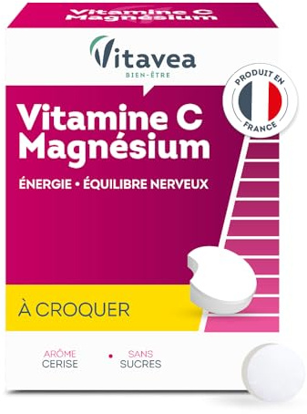 Vitavea - Complément Alimentaire Vitamine C + Magnésium - Duo Tonus - Triple action - Energie, Immunité, Détente - 28 comprimés à croquer - Goût cerise - Cure de 28 jours - Fabriqué en France
