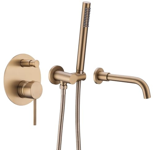 Sailainuo Brushed Gold Brass Wall Mounted Bath Tap, Concealed Mixer Shower