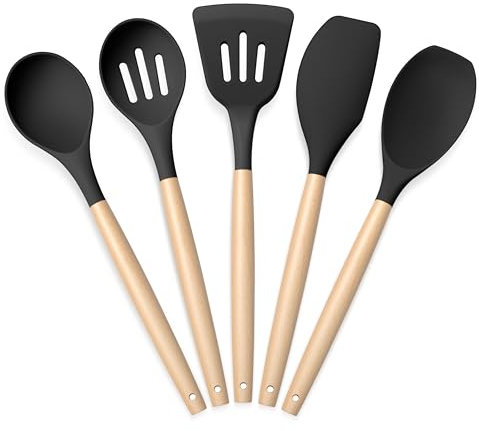 Onader Silicone Kitchen Utensils Set, 5 Piece Wooden Handle Cooking Utensils, Non-Stick Spatula Spoon Turner Safe for Cookware, Non-Toxic & Heat Proof, Black