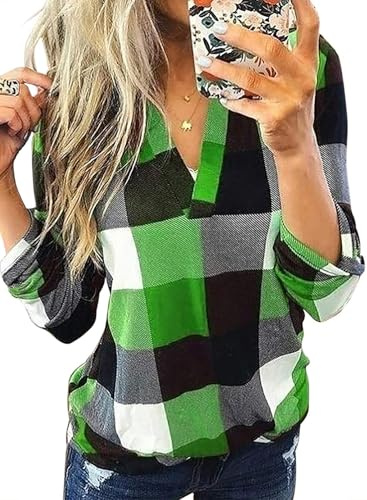Cuptacc Camicia Donna A Quadri Maglietta Donna Elegante Maniche Lunghe Scollo A V Shirt Top Blusa Moda Verde M