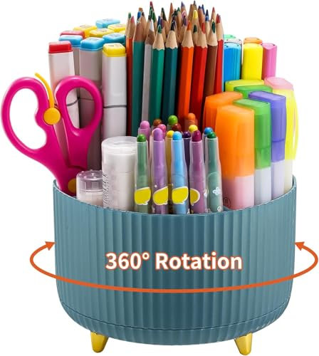 Marbrasse Desk Organiser,360-Degree Rotating Pen Holder for Accessories with 5 Compartments Pencil Organiser,Pen Storage Box Caddy for Office,Home(Dark Green)
