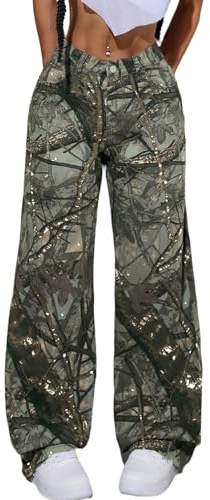 EZAPINE Women Camouflage Cargo Pants Low Waist Baggy Straight Wide Leg Trousers Jeans Slim Fit Pocket Sweatpants