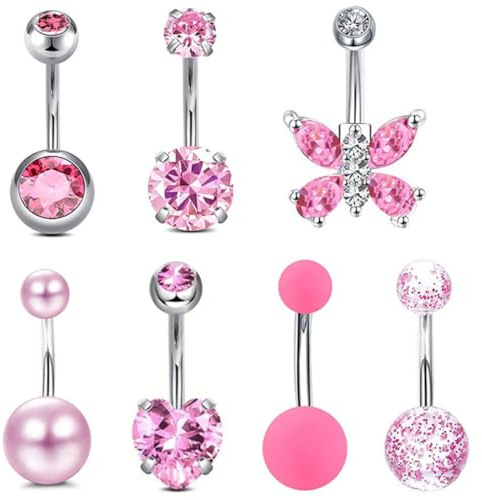 KOLZEMV 7 unids Anillo de Ombligo de Acero Inoxidable Set 14 Gauge 10mm Barbell Ombligo Bares Joyas Piercing, piercing ombligo, piercing ombligo acero quirurgico, pirsin ombligo