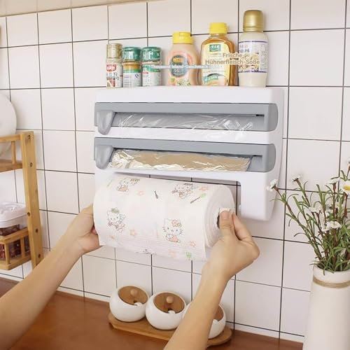 UUE Wall Roll Holder Kitchen 3 Rolls Roll Holder Kitchen Foil Dispenser Kitchen Roll Holder Kitchen Cling Film Dispenser Aluminium Foil Cutter Kitchen Roll Holder Hanging Kitchen Roll Holder