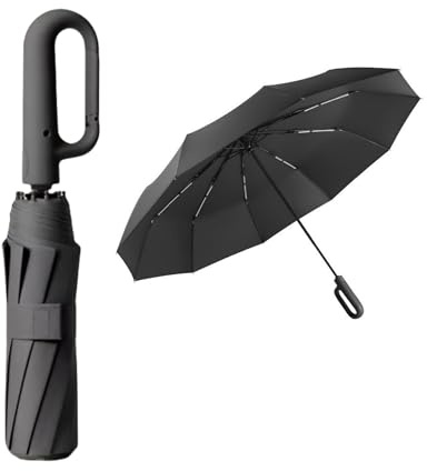 FlyNautics Foldable Umbrella for Travel,42inch 10 Ribs Heavy Duty Automatic Open Shut Umbrella with Comfortable Carabiner Handle for Men Women Rain Sun Windproof Loop Buckle Parasol Black