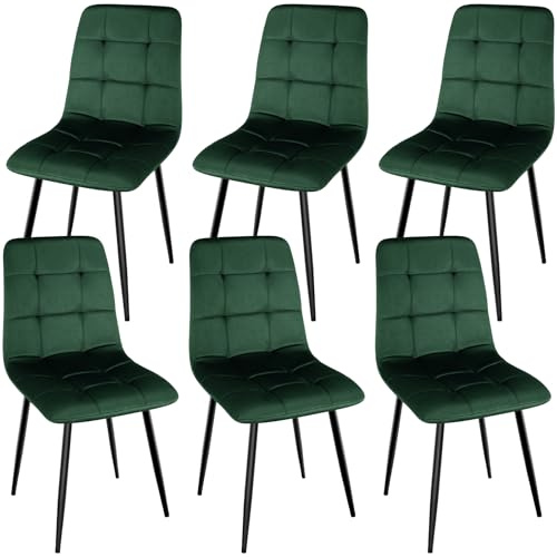 WAFTING 6er Set Gepolsterte Esszimmerstühle mit Hoher Rückenlehne | Samtbezug, Metallfüße und Schachbrettmuster, Geeignet für Esszimmer, Küche und Wohnzimmer, Dunkelgrün