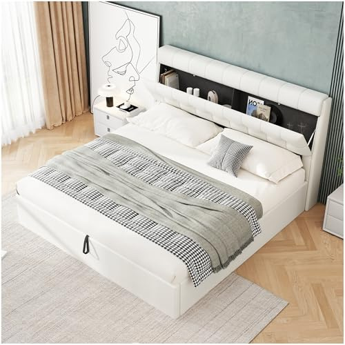 Lubvtti Cama tapizada 180x200cm con cabecero de Almacenamiento,Cama con almacenaje,Cama de Matrimonio,Cama hidráulica con almacenaje,Estructura Cama 180x200 cm con somier de láminas,Blanco