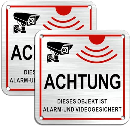 Goodvia Achtung Dieses Objekt ist Alarm und Videogesichert 10x10cm Alu, Schild Videoüberwachung Klein mit Selbstklebend und 4 vorgebohrten Löchern x2
