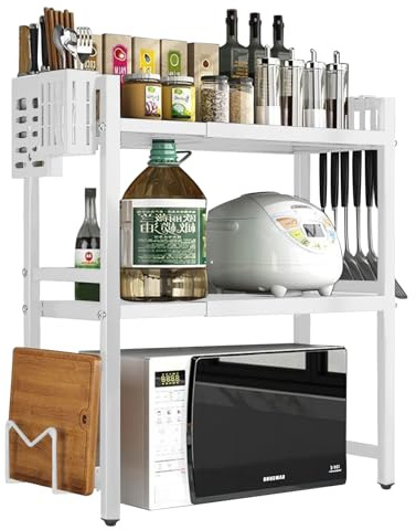 Expandable Microwave Shelf - 3 Tier Oven Stand Countertop with 6 Hook, Microwave Stand Kitchen Organiser Storage, Height Width Adjustable Pantry Rack, Single Layer Counter Shelf Cutting Board (White）