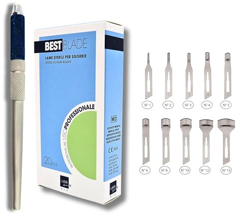 Lame Sgorbia Best Blade + Manico Porta Lama in Alluminio con chiusura a vite – Start Kit Pedicure Professionale – 20 Lame Assortite 2x(misura 1,2,3,4,5,6,8,10,12,15)