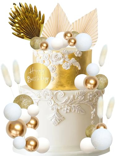 Gyufise Balls Cake Toppers Acrylic Happy Birthday Cake Topper Palm Leaves Cake Decorations for Birthday Wedding Baby Shower Party Supplies Gold