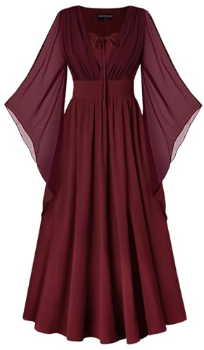SCARLET DARKNESS Women's Renaissance Dress Lace-up 3/4 Bell Sleeves Slit Front Dress Smocked Medieval Maxi Dresses Wine M