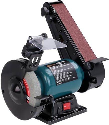 2-in-1 Bench Grinder and Belt Sander Combo, 6 Grinder with 2 x 27 Belt, 2.5-Amp Induction Motor, Multi-Function Sharpening & Sanding Tool for Knife Making, Woodworking, DIY Projects