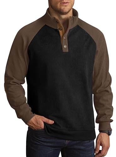 VOGSTART Men's Athletic Classic Sweatshirt Retro Solid Shirts Casual Elbow Patches Quarter Warm Thermal Long Sleeve Pullover Black & Brown XXL