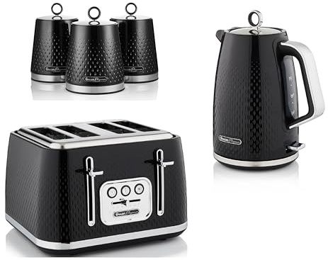 Swan Elegance Black 1.7L Kettle, 4 Slice Toaster & Tea, Coffee, Sugar Canisters. Contemporary Matching Kitchen Set with a Premium Textured Black Finish
