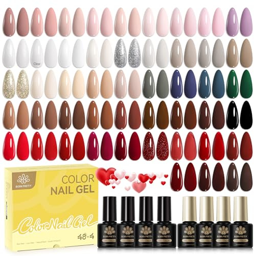 Born Pretty U V Nagellack Set, 52 Stück Gel Nagellack Nude Rosa Rot Glitzer | Gelnägel mit Unterlack Überlack und Matte Top Coat Soak-Off Mini U V LED Nagel Gel Nail Polish Geschenk