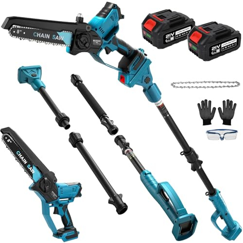 Professional Brushless Pole Saw with 2 x 4.0 Ah Batteries, 15 ft Long Reach | 8 Inch Mini Cordless Chainsaw with 8.5 ft Extension Pole, 180° Adjustable Head, for Tree Trimming Branch Cutting