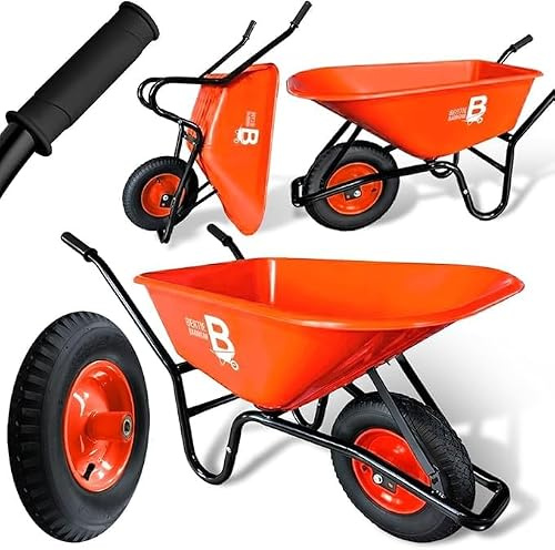 Bertie 100L Heavy Duty 200kg Capacity Garden Wheel Barrow Rust-Proof Plastic Wheelbarrow Tray with Pneumatic Tyre & Steel Rim – Ideal for Gardening, Stables, DIY & Landscaping – Orange