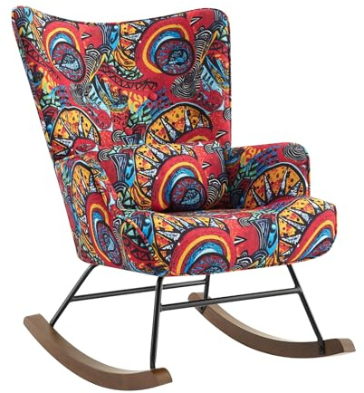 Matomn Schaukelstuhl Sessel mit Metallgestell und Holzsockel Skandinavischer Schaukelsessel Retro Sessel Wohnzimmer Relaxstuhl Polstersessel für Schlafzimmer Hotel Sonnenmuster
