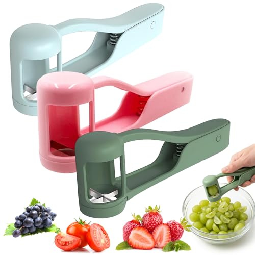 KhgFov Fruit Slicer Hand Gadget, Grape Cutter, 3 Pcs Grape Slicer, Strawberry Slicer, Quick Fruit Chopper for Family Salads and Fruit Picnics, Set of Three in Red Green Blue Colours