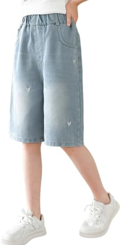 Rolanko Mädchen Jeansshorts mit Elastischer Bund, Bermuda Weite Beine Knielang Sommer Shorts für Teenager