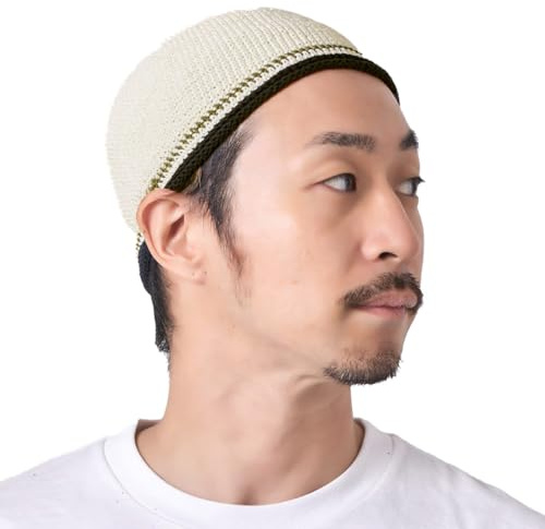 Herrmössa i bomull Kufi-mössa handgjord stickad mössa elastisk tät japansk vit, Vitt, en storlek