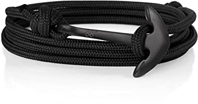 Eighty Eight Degrees Bracciale con Ancora in Corda per Uomo, Realizzato in Acciaio Inossidabile e Corda Resistente, Regolabile Fatto a Mano nel Regno Unito (Nero & Nero)