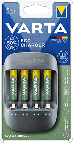 Varta caricabatterie ricaricabili 57680101421, realizzato con 50% di materiale bioplastico, 4 batterie ministilo AAA da 800 mAh incluse