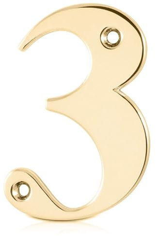 XFORT Polished Brass Front Door Number 3, House Number Suitable for All Door Types including Wooden, uPVC, and Composite.