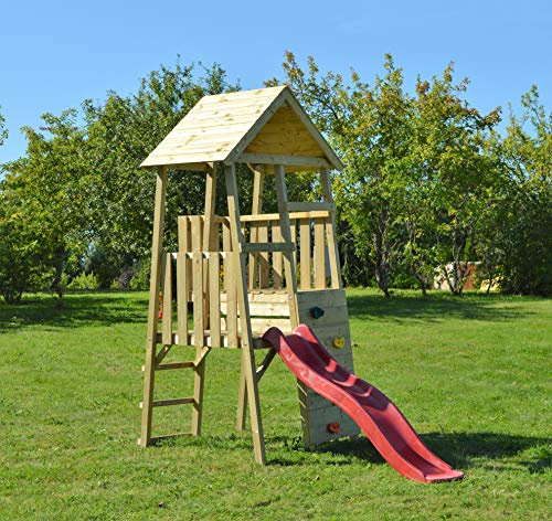 Torre da gioco in legno con torre da gioco e scivolo rosso | Piattaforma 2 piani - 90 cm e 120 cm di altezza | Parco giochi esterno impregnato con parete da arrampicata e accessori da gioco