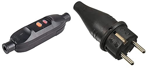 as - Schwabe Personenschutz-Zwischenschalter 10 mA - 2-Wege Kippschalter mit Anzeige, 230 V / 16 A, IP66 & Gummi-Stecker Schutzkontaktstecker mit doppeltem Schutzkontakt, 230V, 16A, IP44, Schwarz