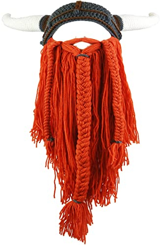 YEKEYI Wikingermütze mit großem Horn, Beanie, Bart Wikinger, Strickmütze, Barbar, lustige Skimütze, lustige Halloween-Mütze, Weihnachtsmütze