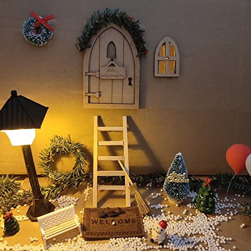 GALER Wichteltür Weihnachten Set Miniatur Wichtel Set Wichtel Tür Nissedor mit Zubehör Straßenlampe Weihnachtsbaum Dekokranz Holzleiter Wichtelbesen Gartenbank Verzierungen für Weihnachten (19 Stück)