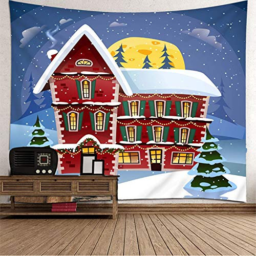 Lieson Wandteppich Für Weihnachten, Psydelic Wandteppich Haus mit Schneebäumen Blau Rot Weiß Tapestry Wall Hanging 200x200CM
