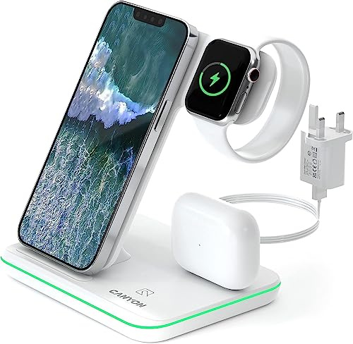 CANYON 3 in 1 Wireless Charging Station Apple Phone Watch and Airpods Charger Compatible with Watch Airpods iPhone Wireless Charger for Qi Devices Adapter 18W Touch Control Backlight White